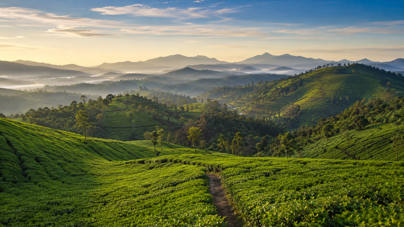 Tea plantation hills and mountains in early morning light